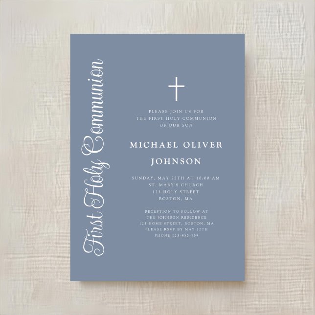 Invitación Elegant Dusty Blue Script Boy First Communion (Subido por el creador)