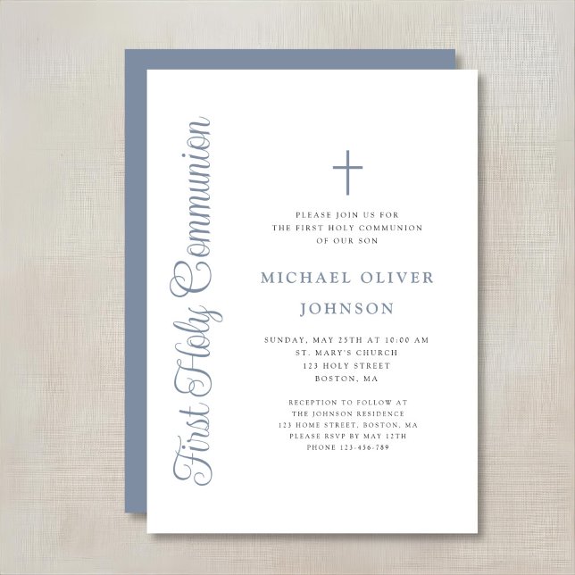 Invitación Elegant Dusty Blue Script Boy First Communion (Subido por el creador)