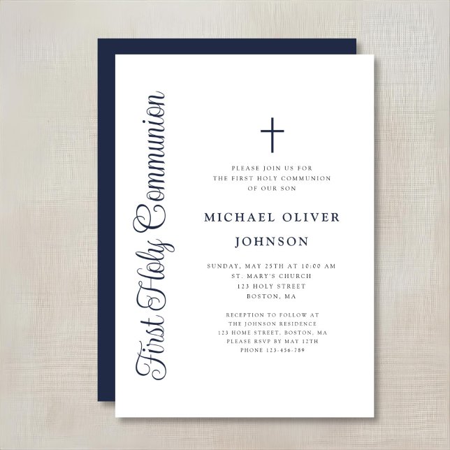 Invitación Elegant Dusty Blue Script Boy First Communion (Subido por el creador)