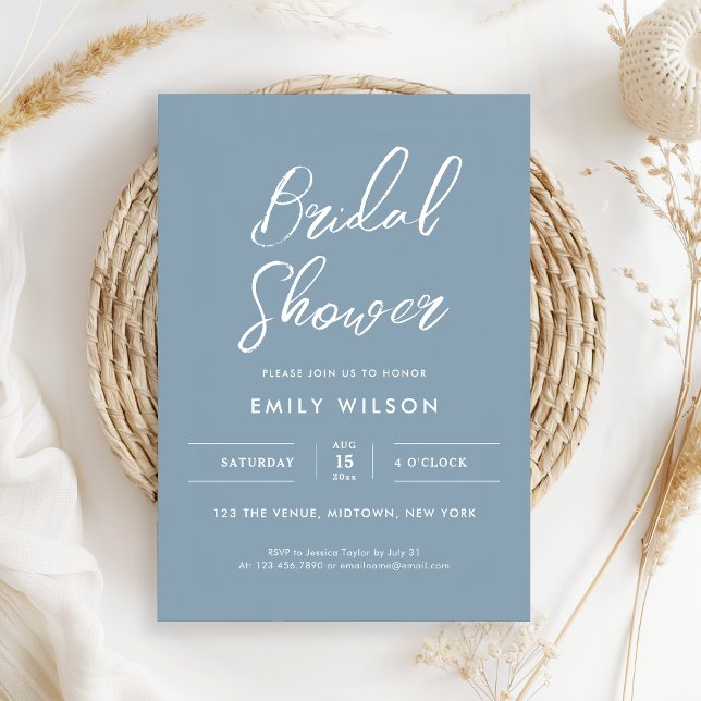 Invitación Elegant Dusty Blue Script Typography Bridal Shower (Elegant white calligraphy on a dusty blue background for a simple, minimal style)