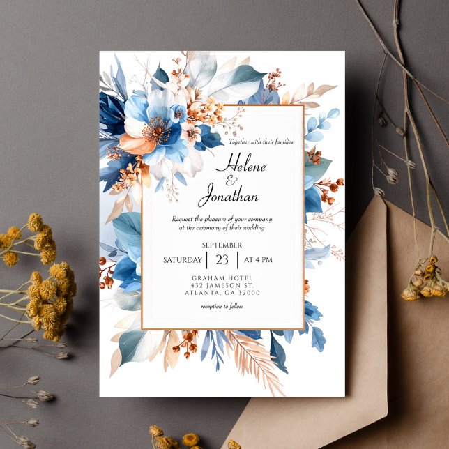 Invitación Elegant Dusty Blue Silver Terracotta Boho Wedding (Elegant Dusty Blue Silver Terracotta Boho Wedding Invitation)