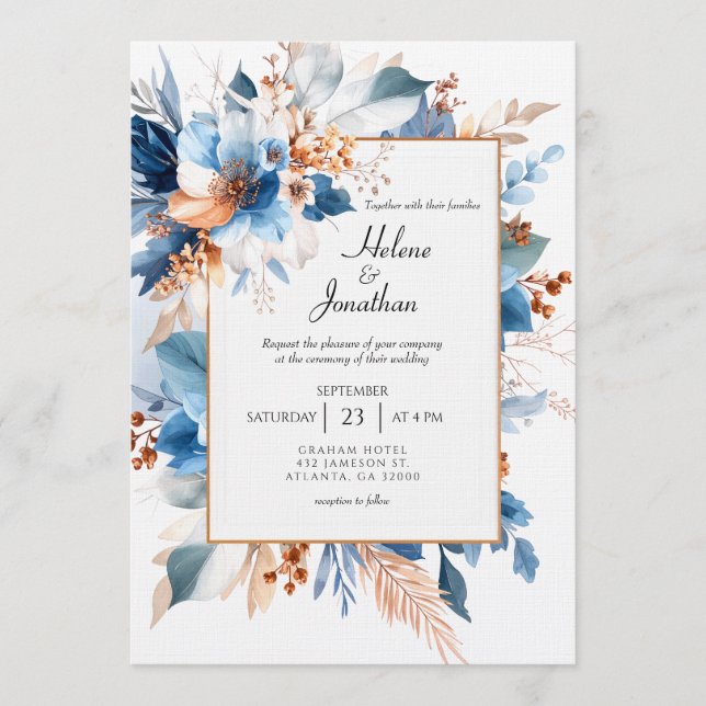 Invitación Elegant Dusty Blue Silver Terracotta Boho Wedding (Anverso)