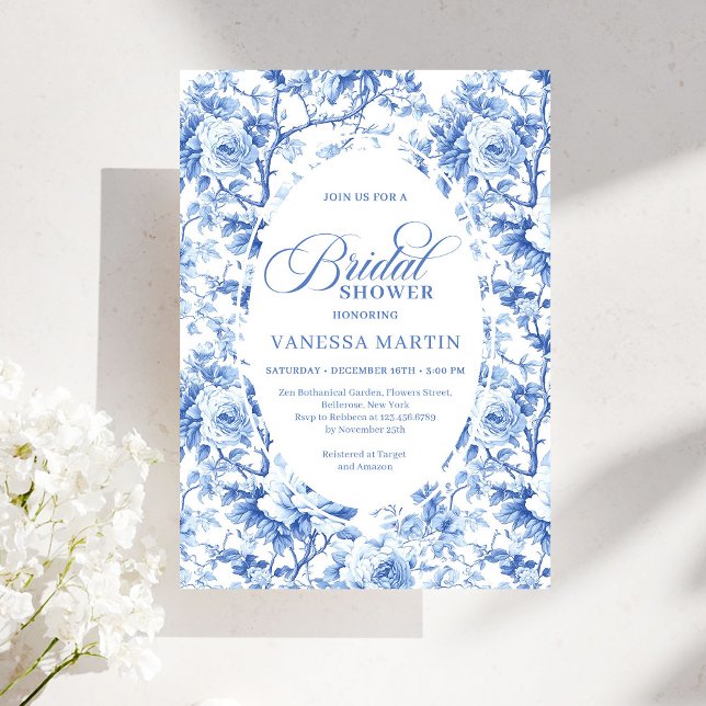 Invitación Elegant Dusty Blue Toile de Jouy Bridal Shower  (Elegant Dusty Blue Toile de Jouy Bridal Shower Invite)