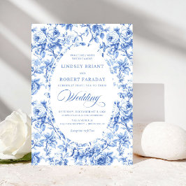 Invitación Elegant Dusty Blue Toile de Jouy Floral Wedding