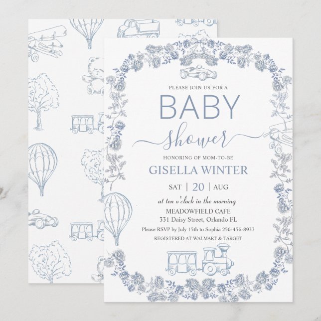Invitación Elegant Dusty Blue Toile Floral Boy Baby Shower  (Anverso / Reverso)