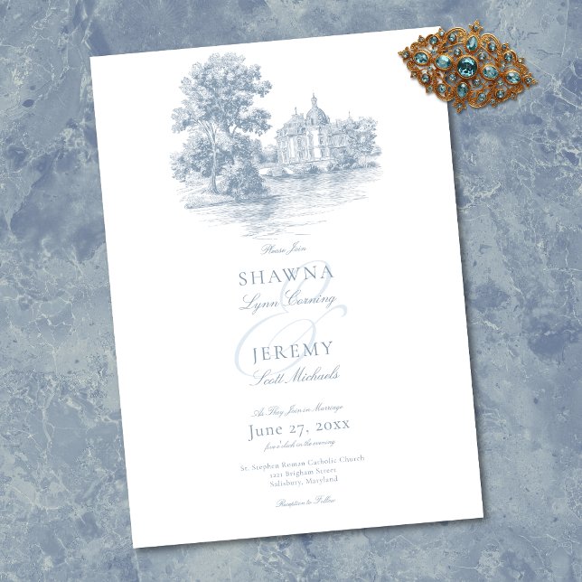 Invitación Elegant Dusty Blue Toile French Manor Wedding (Elegant Dusty Blue Toile French Manor Wedding Invitation)