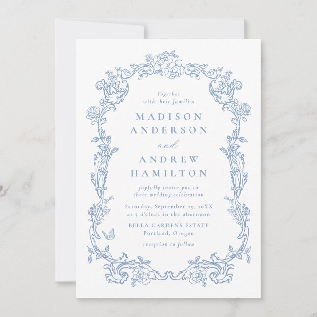 Invitación Elegant Dusty Blue Victorian Floral Frame Wedding (Anverso)