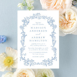 Invitación Elegant Dusty Blue Victorian Floral Frame Wedding
