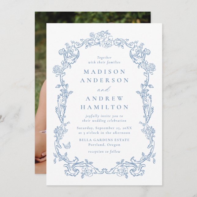 Invitación Elegant Dusty Blue Victorian Floral Photo Wedding (Anverso / Reverso)