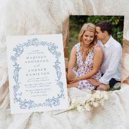 Invitación Elegant Dusty Blue Victorian Floral Photo Wedding