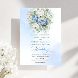 Invitación Elegant Dusty Blue White Floral Gold Wedding
