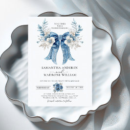 Invitación Elegant Dusty Blue White Rose Floral Bow Wedding
