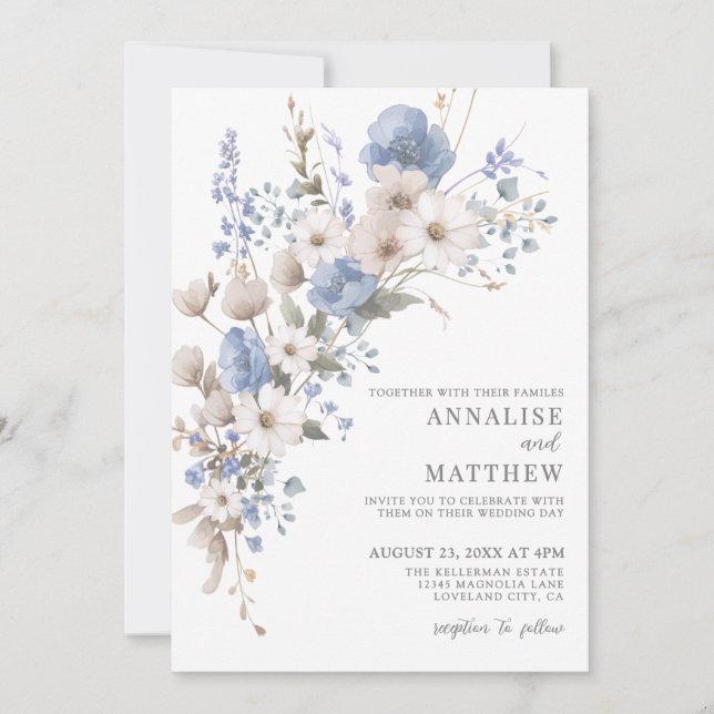 Invitación Elegant Dusty Blue Wildflower Floral Wedding (Anverso)