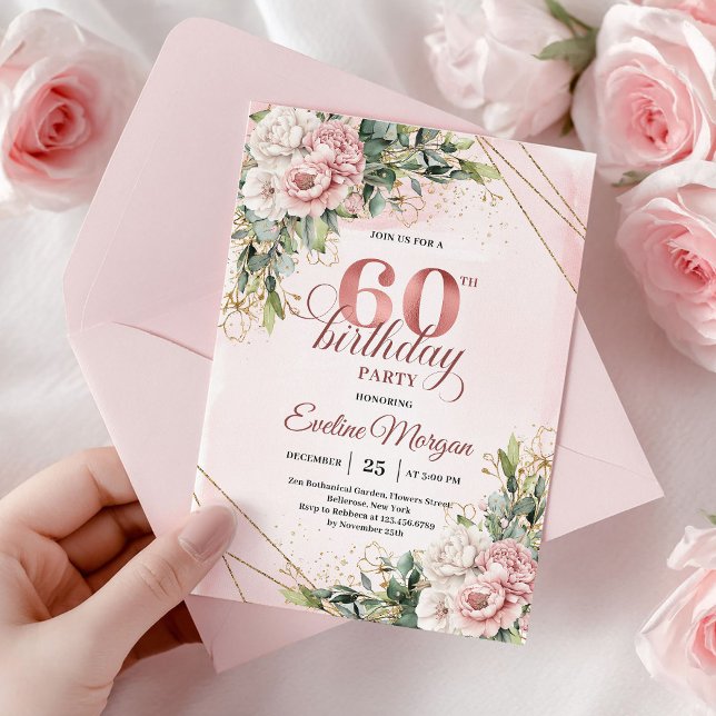 Invitación Elegant Dusty Pink Rose Gold 60th Birthday Invite (Elegant Dusty Pink Rose Gold 60th Birthday Invite)