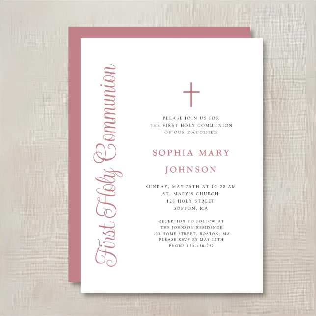 Invitación Elegant Dusty Pink Script Girl First Communion (Subido por el creador)