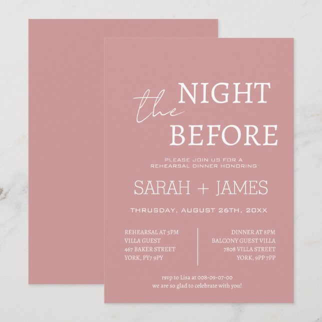 Invitación Elegant Dusty Pink the Night Before Dinner Wedding (Anverso / Reverso)