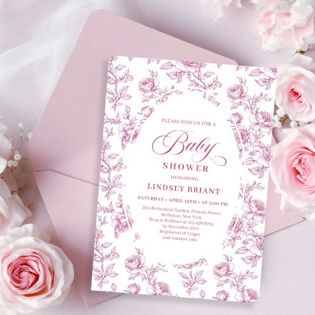 Invitación Elegant Dusty Pink Toile Roses Baby Shower Invite (pink French toile de jouy,
Luxurious blush roses baby shower,
dusty pink flowers botanical garden,
R)