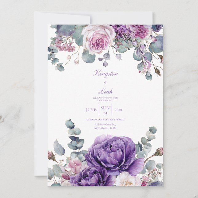 Invitación Elegant Dusty Purple Peony Eucalyptus Gold (Anverso)