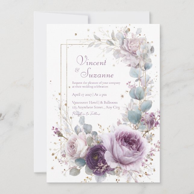 Invitación Elegant Dusty Purple Rose Eucalyptus Gold Glitter (Anverso)
