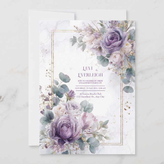 Invitación Elegant Dusty Purple Rose Eucalyptus Gold Marble (Anverso)