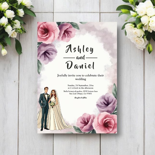 Invitación Elegant Dusty Purple Watercolor Floral Wedding (Subido por el creador)