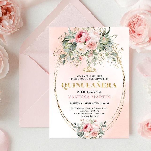 Invitación Elegant Dusty Rose Greenery Quinceañera Card (Elegant Dusty Rose Greenery Quinceañera Card

)