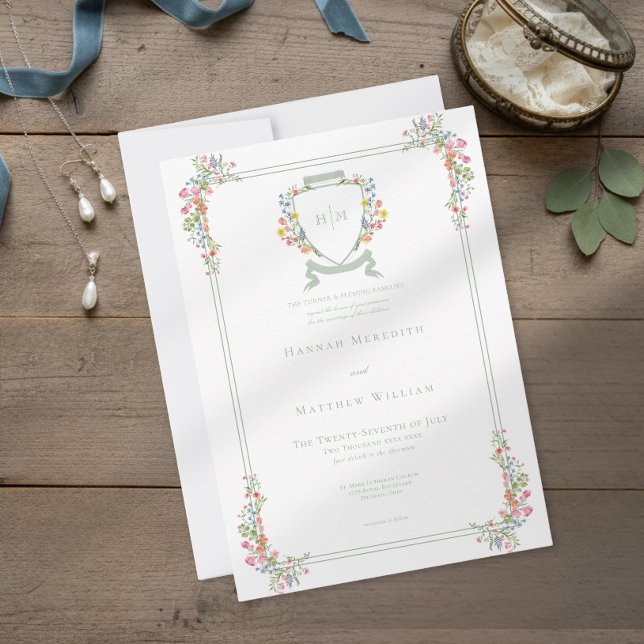 Invitación Elegant Dusty Sage Pastel Wildflower Crest Wedding (Subido por el creador)