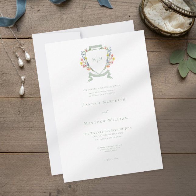 Invitación Elegant Dusty Sage Pastel Wildflower Crest Wedding (Subido por el creador)
