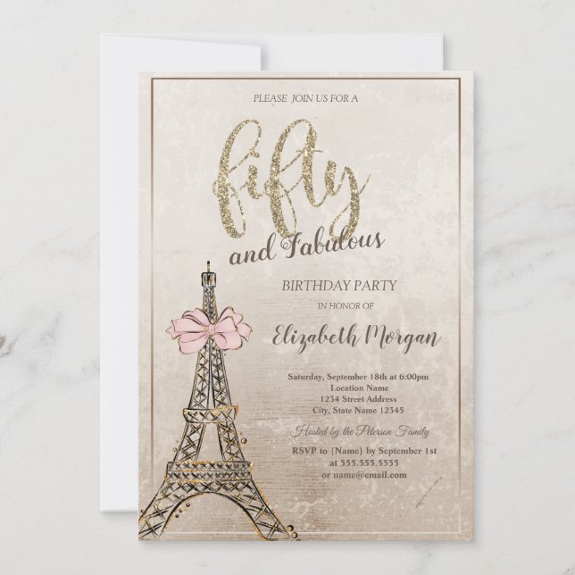 Invitación Elegant Eiffel Tower Bow 50th Birthday (Anverso)
