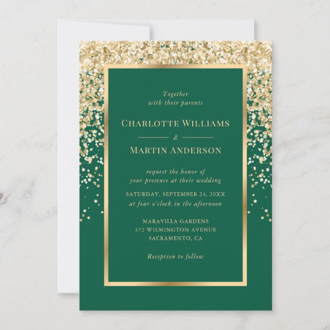 Invitación Elegant Emerald and Gold Confetti Wedding (Anverso)