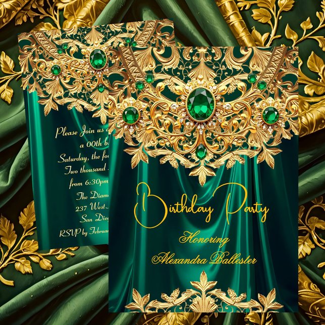 Invitación Elegant Emerald gems Gold Lace Damask Birthday (Subido por el creador)