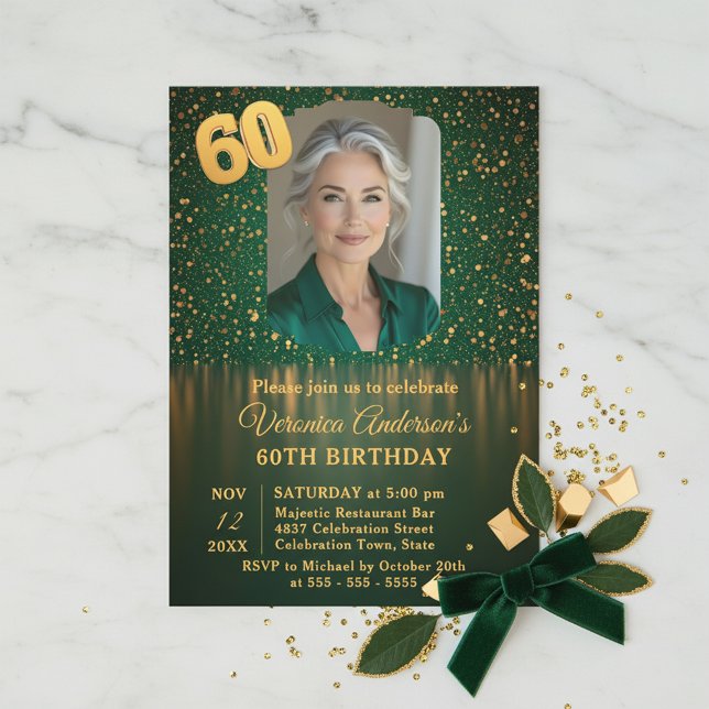 Invitación Elegant Emerald Gold Glitter 60th Birthday Party (Subido por el creador)