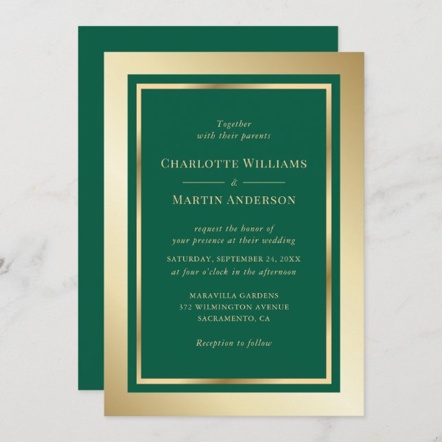 Invitación Elegant Emerald Green and Gold Wedding (Anverso / Reverso)