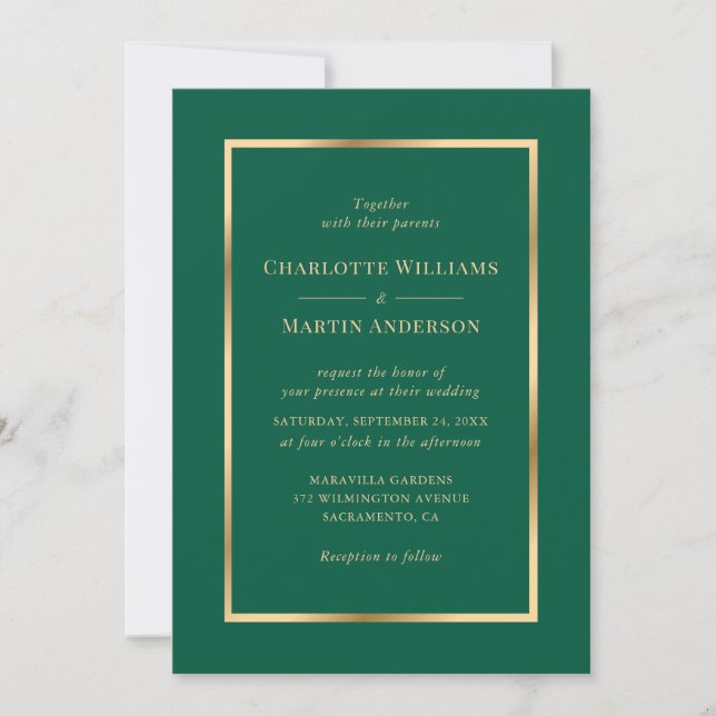 Invitación Elegant Emerald Green and Gold Wedding (Anverso)