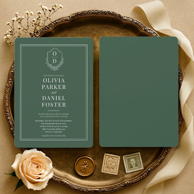 Invitación Elegant Emerald Green Crest Wedding (Subido por el creador)