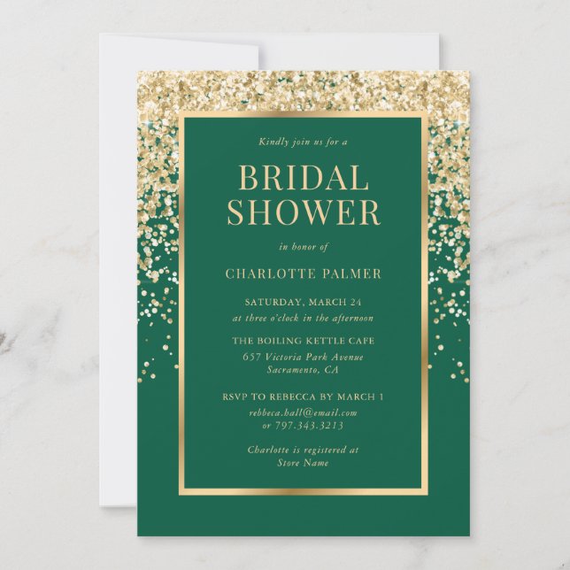 Invitación Elegant Emerald Green Gold Confetti Bridal Shower (Anverso)