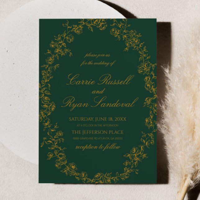 Invitación Elegant Emerald Green Gold Floral Roses Wedding (Subido por el creador)