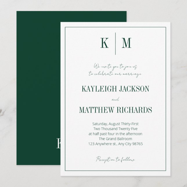 Invitación Elegant Emerald Green Monogram Wedding  (Anverso / Reverso)
