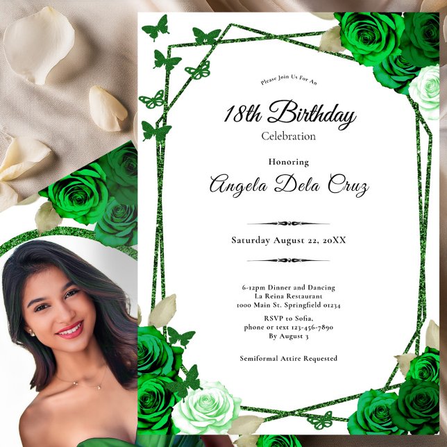 Invitación Elegant Emerald Green Rose 18th Birthday Debut  (Subido por el creador)