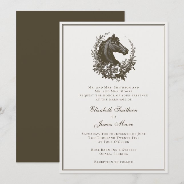 Invitación Elegant Equestrian Horse Wreath Equine Wedding (Anverso / Reverso)