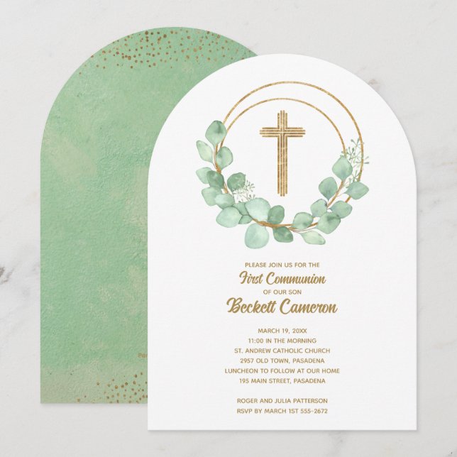 Invitación Elegant Eucalyptus First Communion (Anverso / Reverso)