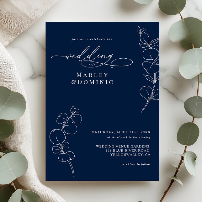 Invitación Elegant Eucalyptus Greenery Navy Blue Wedding (Subido por el creador)