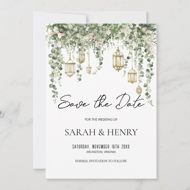 Invitación Elegant Eucalyptus Lantern Save the Date   (Anverso)