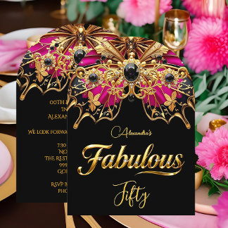Invitación Elegant Fabulous 50 Birthday Black Gold Pink