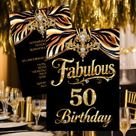 Invitación Elegant Fabulous 50 Birthday Black Gold Zebra Bow