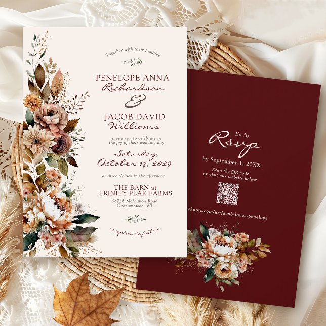 Invitación Elegant Fall Floral Burgundy Boho Autumn Wedding (Elegant watercolor Fall floral burgundy ivory terracotta rustic Autumn QR code wedding invitation)