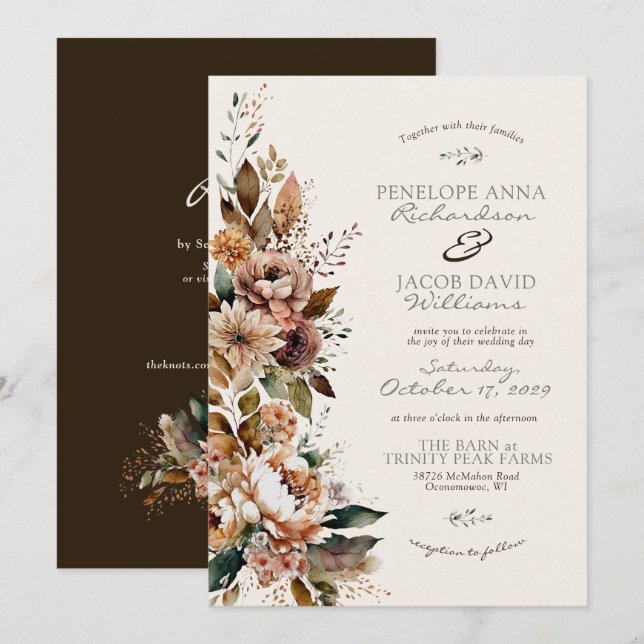 Invitación Elegant Fall Floral Dark Brown Boho Autumn Wedding (Anverso / Reverso)