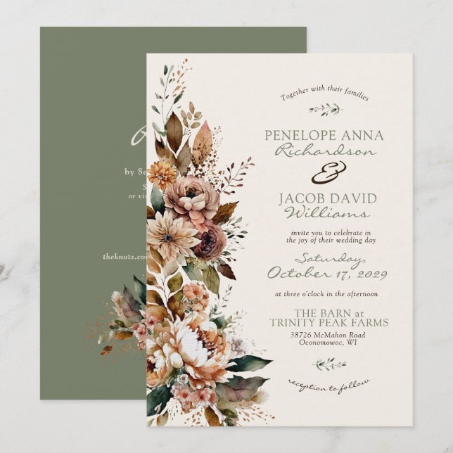 Invitación Elegant Fall Floral Sage Green Boho Autumn Wedding (Anverso / Reverso)