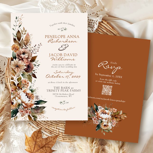 Invitación Elegant Fall Floral Terracotta Boho Autumn Wedding (Elegant watercolor Fall floral terracotta rust burgundy rustic Autumn QR code wedding invitation)