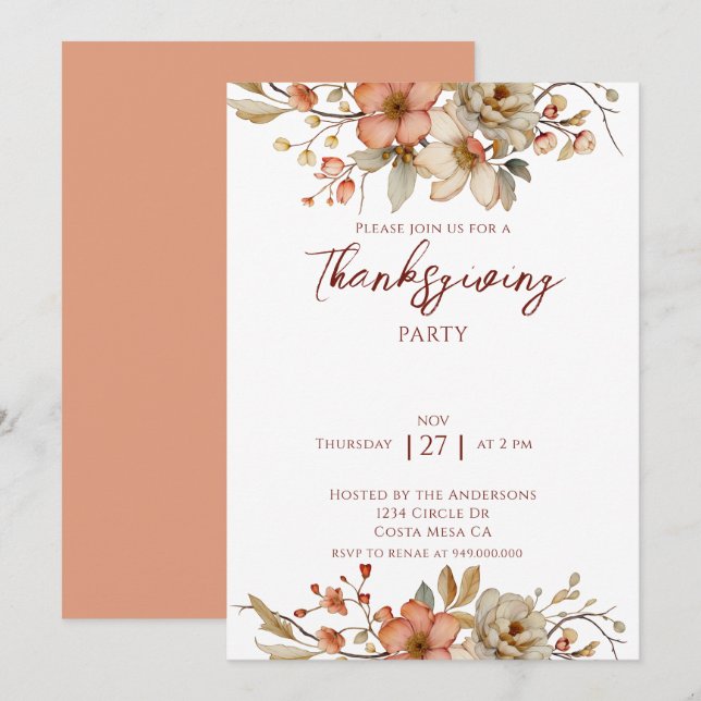 Invitación Elegant Fall Floral Thanksgiving Party  (Anverso / Reverso)